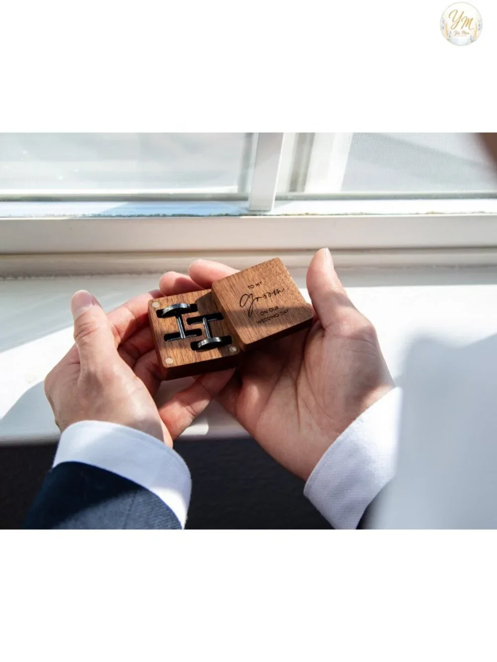 Best Man Gunmetal Cufflinks with Engraved Wood Gift Box